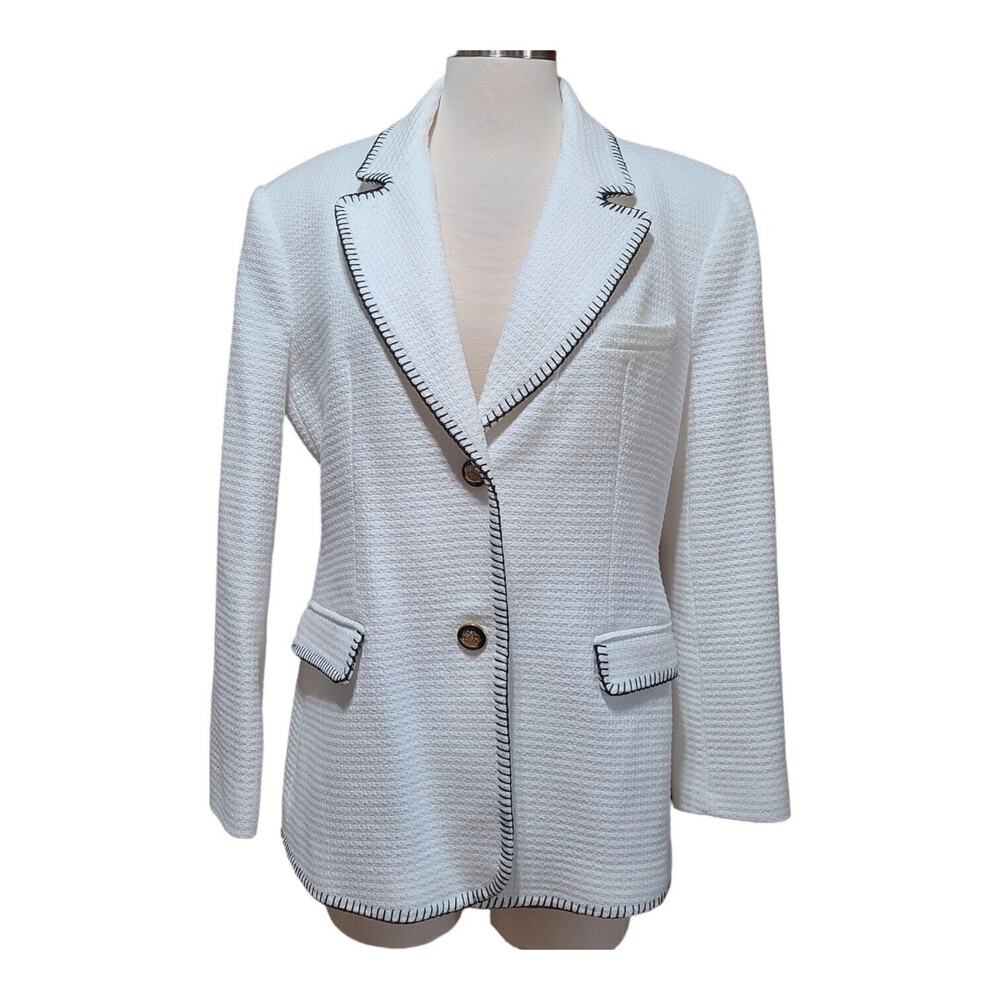 ZARA Women's Blazer Size XL White w/Black Stich Trim Blue Buttons 2373/5…